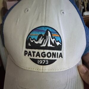 Patagonia Cream and Blue Hat with Mountain Design